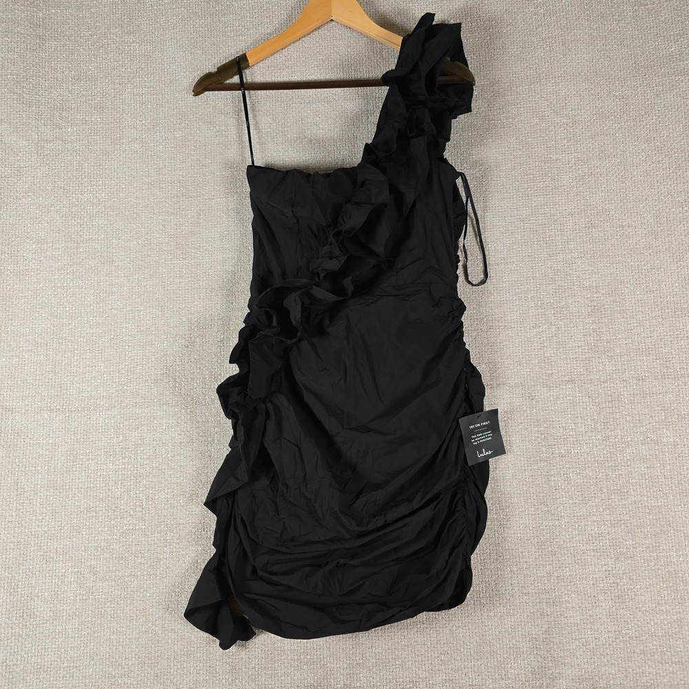 Lulus Womens Black One Shoulder Ruffle Ruched Bodycon Mini Dress Small New